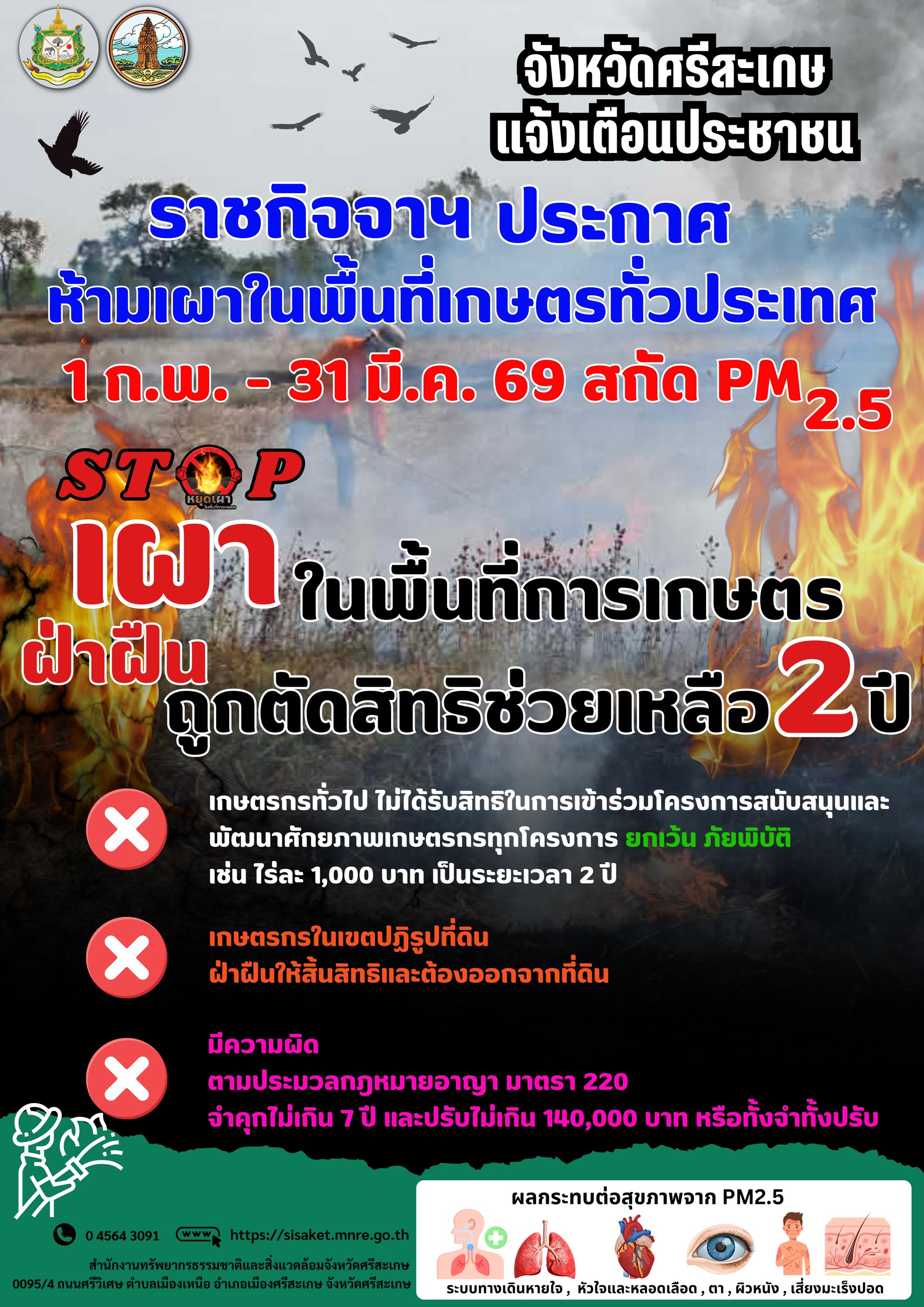 ประชาสัมพันธ์ องค์การบริหารส่วนตำบลหนองกุง อำเภอโนนคูณ จังหวัดศรีสะเกษ "ห้ามเผาในพื้นที่เกษตรทั่วประเทศ" 1 ก.พ. - 31 มี.ค.69 เพื่อ สกัด PM 2.5